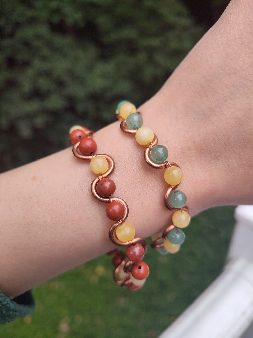 2 Handcrafted Multicolor Gemstone Copper Wire Bracelets